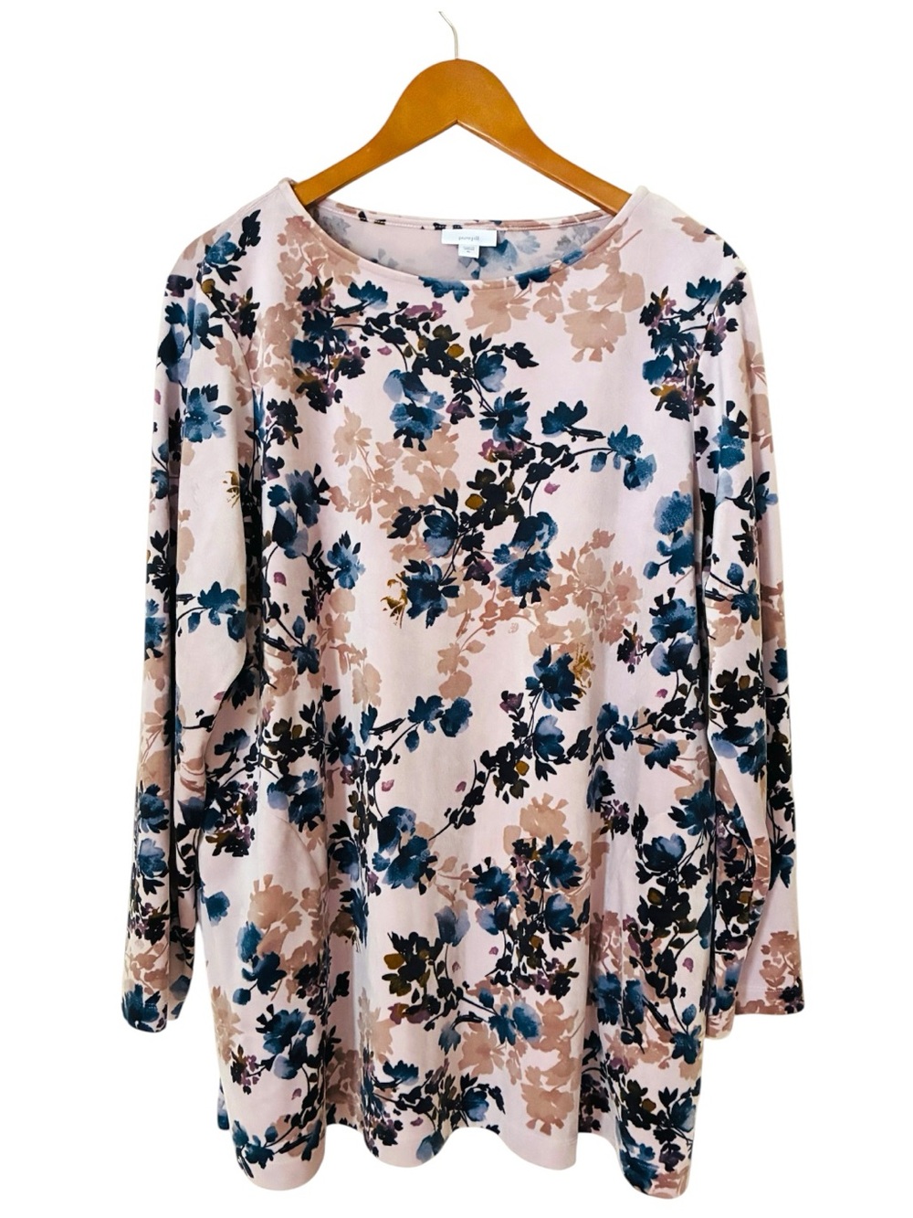 J. Jill Sz XL Pink Velvet Floral Scoop-Neck Long Sleeve Top w/ Pockets - Picture 3 of 9